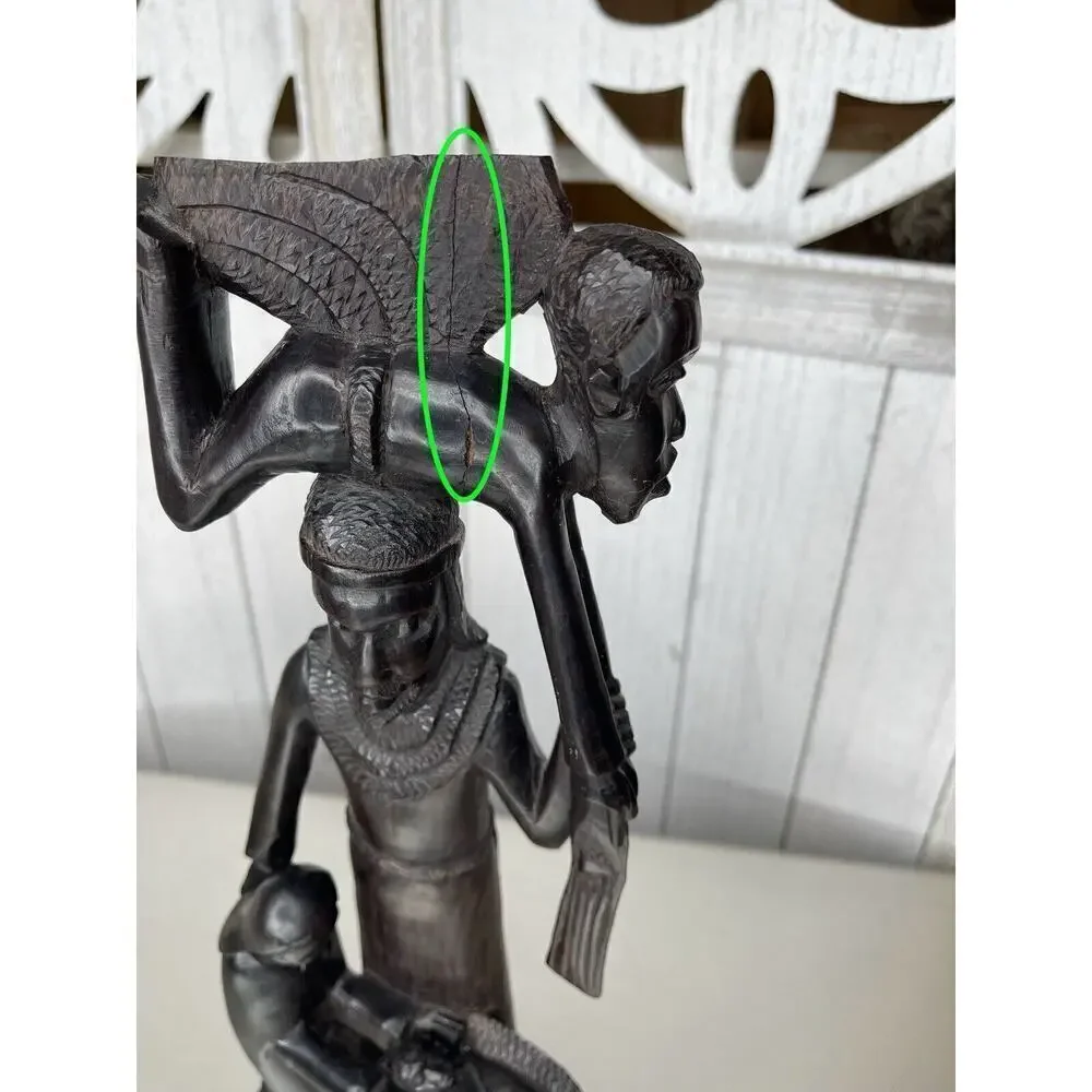 African Statue Ebony Wood Carved Family Of 4 Statue Tanzania 14.5in Mother Baby